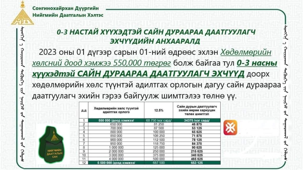 Сайн дурын даатгал төлдөг ээжийн хүүхэд 0-3 настай бол 34376 төгрөг төлнө